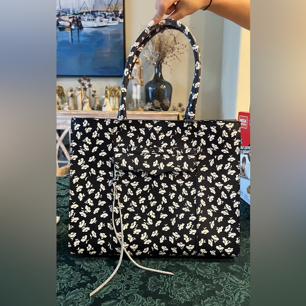 REBECCA MINKOFF MAB SAFFIANO LEATHER SHOULDER TOTE BAG BLACK/WHITE FLORAL